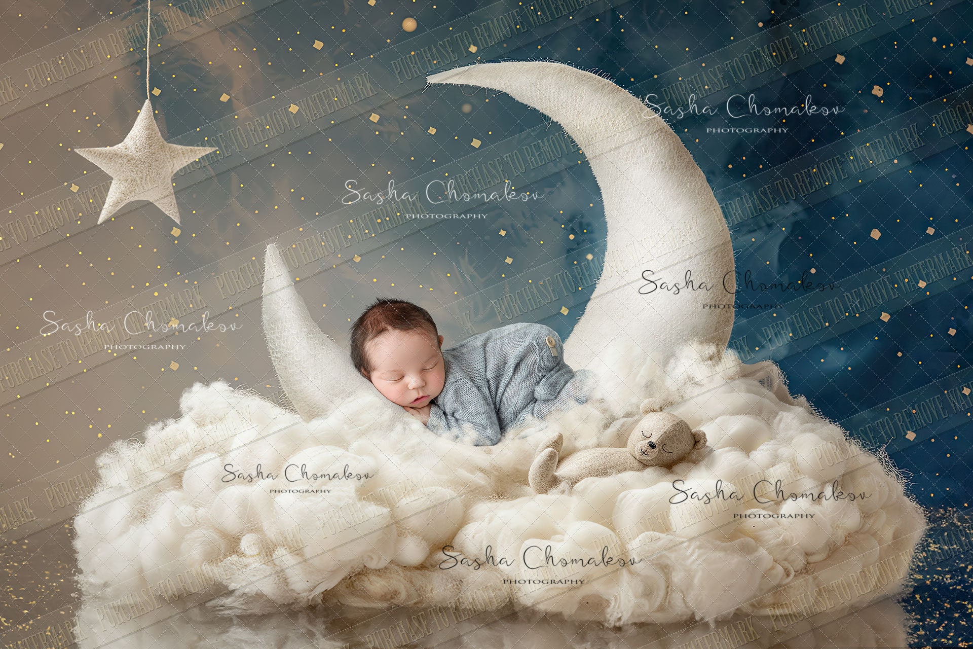 Digital backgrounds backdrops newborn girl boy moon prop and  Ai generated white blue  