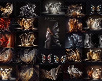 Digital backdrop, backgrounds for maternity or older children silk fabric in black and dark colors shimmering silver and gold set 1 overlays