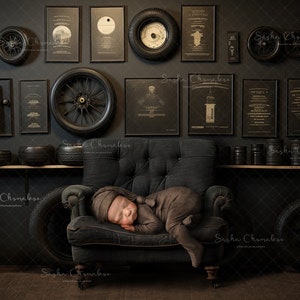 2 files Digital backgrounds , backdrops overlays  vintage chair in front of shelf with  auto  mechanic car stuff garage