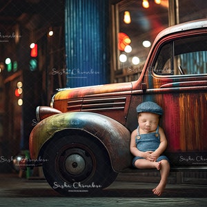 Digital backgrounds backdrops boy girl vintage rainbow , colorful car old auto mechanic garage
