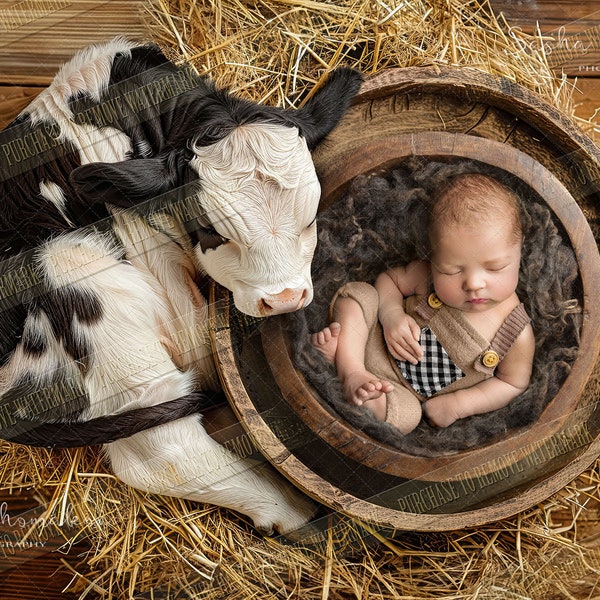 Digital backgrounds backdrops newborn girl boy overhead real bowl  with real wool on  Ai generated farm animals  baby cow barn cowboy