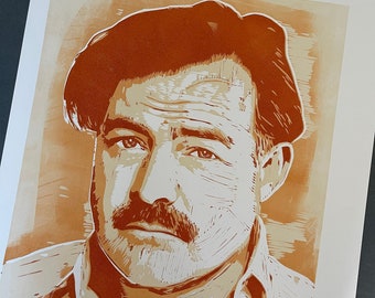 Ernest Hemingway Portrait, in Linocut, 24" x 18" Paper, by Tom Callos. Limited Edition of 8 Prints.