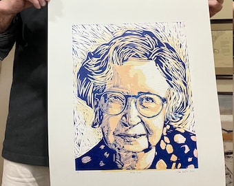 Miep Gies, a Linocut Portrait, 24" x 18" by Tom Callos