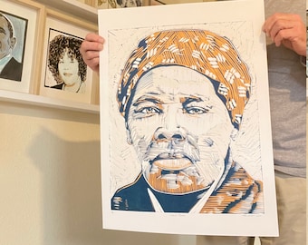 Portrait of Harriet Tubman (with orange head scarf), in Linocut, Edition of Just 3 Prints