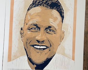 Renzo Gracie, Linocut Portrait Print, Handmade Block Print, Martial Arts Wall Art by Tom Callos