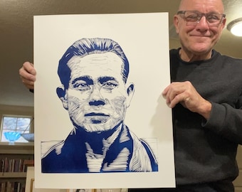 Kanbun Uechi the Founder of Uechi Ryu Karate. Linocut Portrait, Handmade by Tom Callos