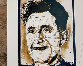 ORWELL, a Limited Edition Reduction Linocut, by Boise Artist Tom Callos. Handmade, Hand-Printed with a Boise Baren