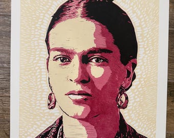 Frida Kahlo portrait, 24" x 18" in Linocut, by Tom Callos. Hand made, hand-printed.