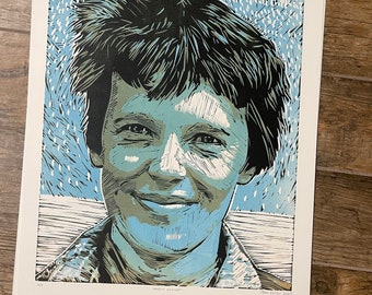 Amelia Earhart, Linocut Portrait Print, Handmade Block Print, Aviation History Wall Art by Tom Callos
