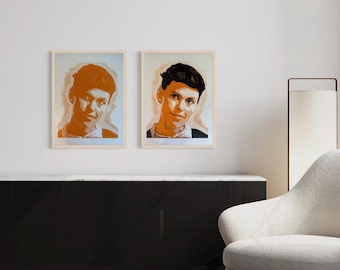 Ray Eames Portrait Diptych, Original Hand-Pulled Linocut Prints, Two-Color Relief Print Set, 24x18 Each, Artist Signed, One-of-a-Kind Pair