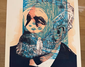 Jules Verne, Linocut Portrait Print, Handmade Block Print, Author Wall Art Gift by Tom Callos