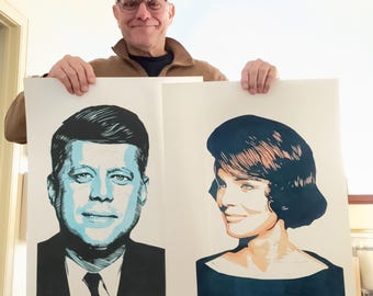 JFK & Jackie Kennedy Linocut Prints, Limited Edition Portrait Set