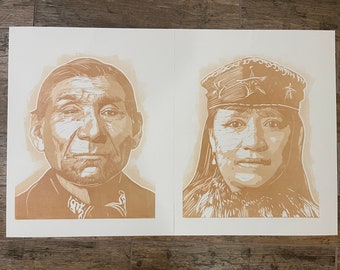 Set of 2 Prints, Chief and Sarah Winnemucca, in Linocut, Edition of 4, by Tom Callos