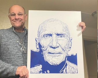 Helio Gracie, Founder of Gracie Jiu-Jitsu, Large Portrait in Linocut by Tom Callos