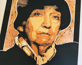 Berenice Abbott, Linocut Portrait Print, Handmade Block Print, Photographer Wall Art by Tom Callos
