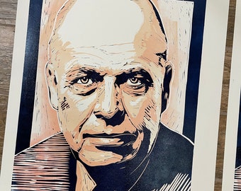 Edward Hopper Portrait in Linocut by Tom Callos. 24 x 18, Edition of Just 6 Prints.