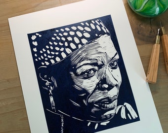 Linocut portrait of Maya Angelou