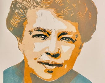 Eleanor Roosevelt, Linocut Portrait Print, Handmade Block Print, Political History Wall Art by Tom Callos