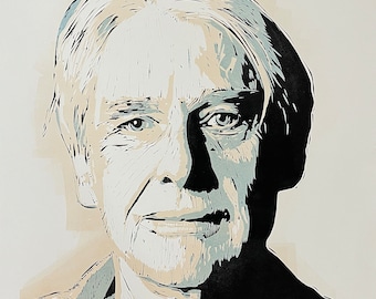 Willem De Kooning portrait, 24" x 18" in Linocut, by Tom Callos. Hand made, hand-printed.