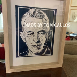 Handmade and hand printed linocut portrait of Alcoholics Anonymous co-founder Bill Wilson