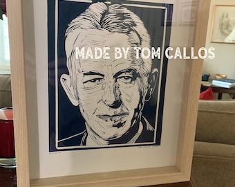 Handmade and hand printed linocut portrait of Alcoholics Anonymous co-founder Bill Wilson