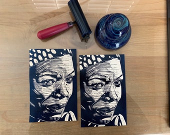 Linocut portrait of Maya Angelou, SMALL PRINTS Series