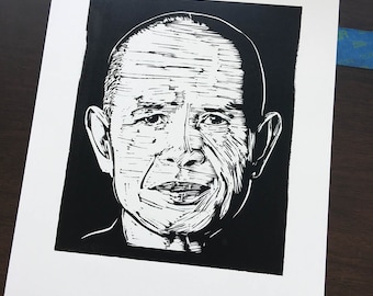 Linocut Portrait of Buddhist Zen Master Thich Nhat Hanh, Handmade, Hand Printed