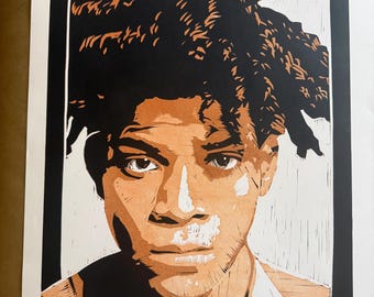 Linocut Portrait of artist Jean-Michel Basquiat, 1 of 3 only, large at 24" x 18"