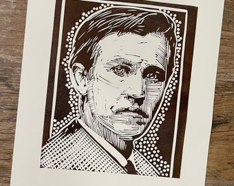 A Young Thomas Edison in Linocut, by Tom Callos. 1 Color, Edition of 50 prints, each Made by Hand