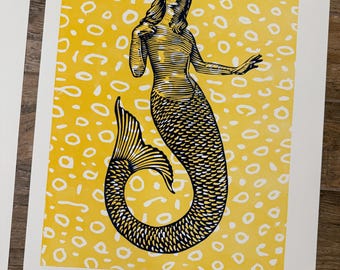 Mermaid On Orange, Handmade Linocut Print by Tom Callos