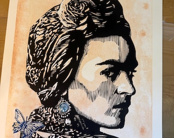 Frida Kahlo Original Linocut Print | One-of-a-Kind Hand-Pulled Relief Print with Chine-Collé Butterfly & Glass Earring | Fine Art Portrait