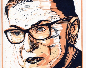 Ruth Bader Ginsburg Limited Edition Linocut Portrait Print, 5 x 7, on heavy card stock, Part of My Small Prints Series