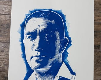 Yukio Mishima, Linocut Portrait Print, Handmade Block Print, Author Wall Art Gift by Tom Callos