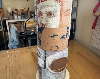 Rotating Portrait Sculpture, Handmade Linocut Collage Mixed Media Cylinder, One-of-a-Kind Studio Art by Tom Callos