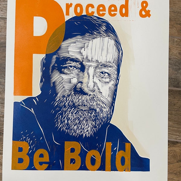 Samuel "Sambo" Mockbee, Co-Founder of The Rural Studio and Architect, in Linocut with Proceed and Be Bold.