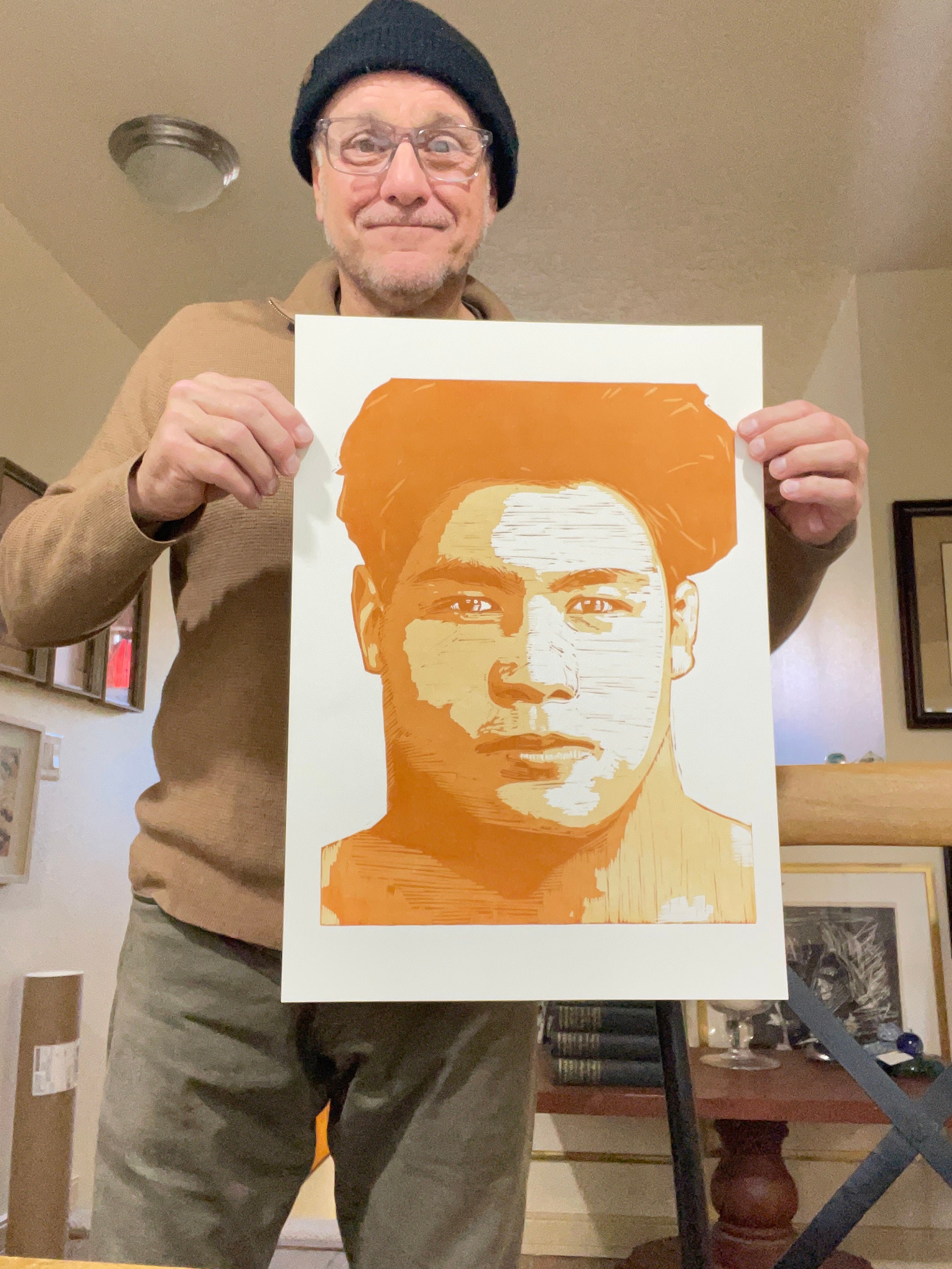 Linocut portrait of Kimura Sensei, Finished in gold/Brown, Judo fighter and teacher, fought Helio Gracie.