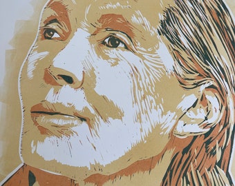 Dr. Jane Goodall Portrait, Version 2, in Linocut. Edition of 6 Prints.