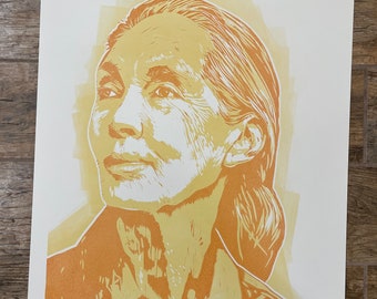 Jane Goodall, Linocut Portrait Print, Handmade Block Print, Science Wall Art Gift by Tom Callos