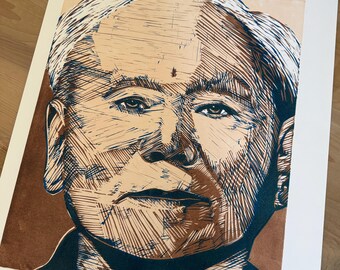 Gichin Funakoshi, Linocut Portrait Print, Handmade Block Print, Martial Arts Wall Art by Tom Callos