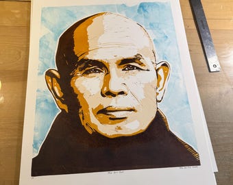 Thich Nhat Hanh, Linocut Portrait Print, Handmade Block Print, Political History Wall Art by Tom Callos
