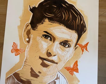 Ray Eames, Linocut Portrait Print, Handmade Block Print, Art History Wall Art by Tom Callos