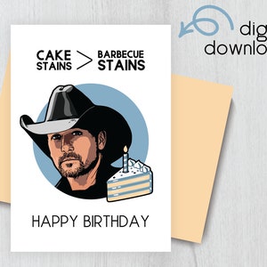 Puede incluir: Una tarjeta de cumpleaños con una ilustración de dibujos animados de un hombre con un sombrero de vaquero y sosteniendo una rebanada de pastel. El texto de la tarjeta dice "Cake Stains > Barbecue Stains" y "Happy Birthday".