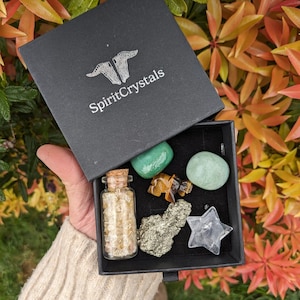 Könnte beinhalten: Eine schwarze Box mit dem Text "SpiritCrystals" auf dem Deckel. Die Box enthält eine Auswahl an Kristallen, darunter eine kleine Flasche mit klaren Kristallen, ein grüner Stein, ein brauner Stein, ein goldener Stein und ein klarer sternförmiger Stein.