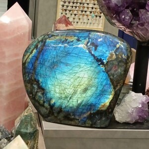 Puede incluir: Un gran cristal de labradorita azul iridiscente con una superficie lisa y redondeada. El cristal se exhibe en un estante con otros cristales, incluyendo un cuarzo rosa y una amatista p&uacute;rpura.