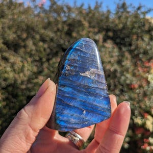 Puede incluir: Un cristal de labradorita azul y negro con forma de tri&aacute;ngulo. El cristal est&aacute; siendo sostenido en una mano.