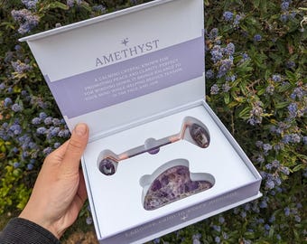 Gua Sha gift set, Amethyst Jade roller, Amethyst facial Roller, Facial Massage, skincare gift, Eco beauty, self care, vegan, Crystals