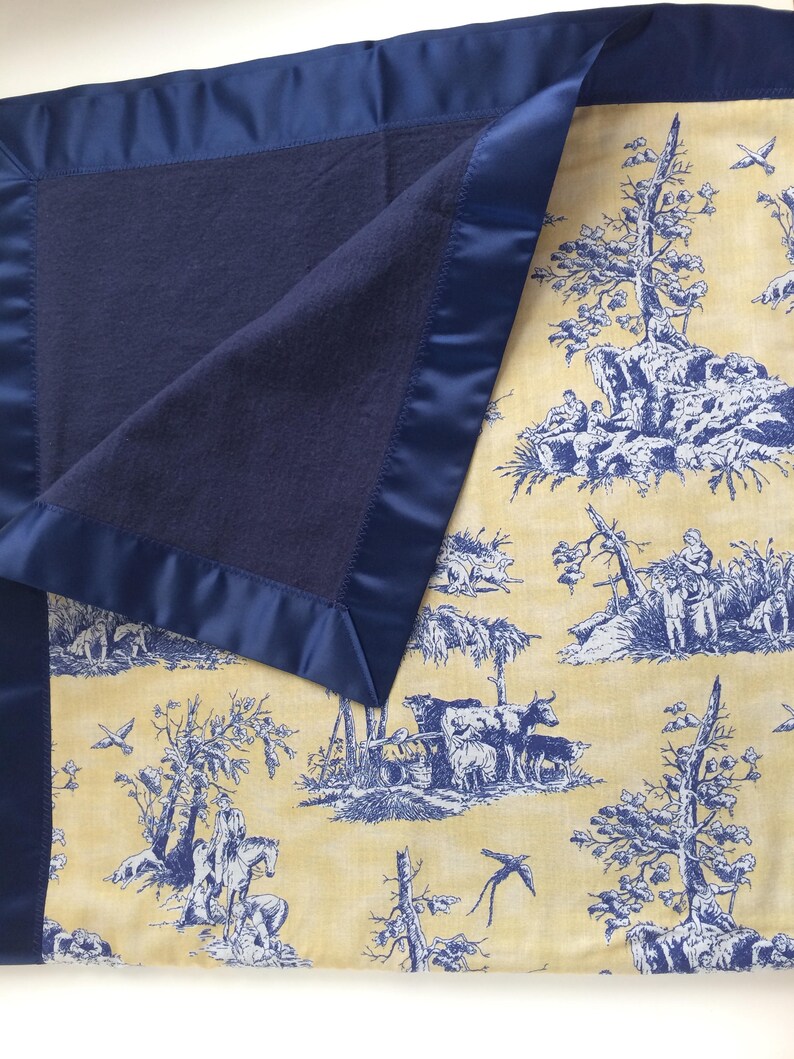 Toile Baby Blanket Navy and Gold Blanket Navy Flannel - Etsy