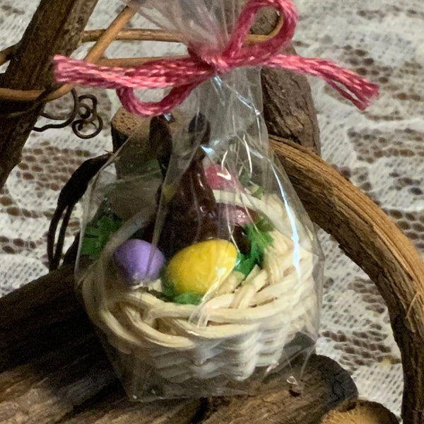 Miniature Colored Easter Egg Basket,  Chocolate Bunny, Rainbow eggs, Dollhouse Holiday Basket, 1 12 Scale