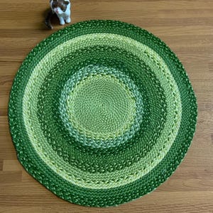 May include: A round, braided rug featuring concentric circles in various shades of green, ranging from light lime to deep forest green. A small, white and brown cat figurine is positioned near the top edge of the circular rug.