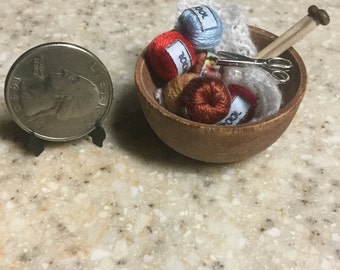 Dollhouse Knitting Basket, Mini Yarn Balls, Farmhouse Miniature Wooden Bowl
